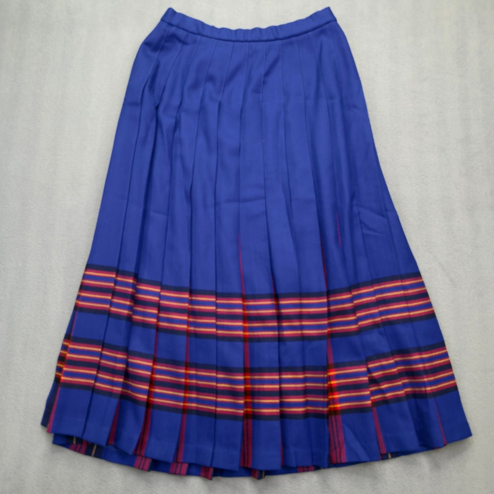 VTG 80s Pendleton Wool Pleated Midi Skirt Plaid Blue Size 8 USA